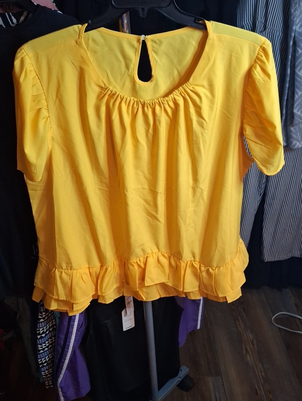 Yellow Double Ruffle Hem 2xl Gathered Neckline Top